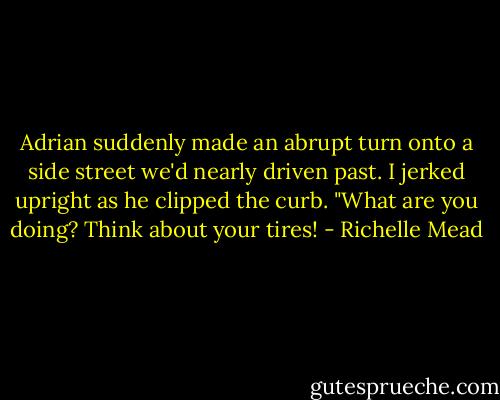 Adrian suddenly made an abrupt turn onto a side street we'd nearly driven past. I jerked upright as he clipped the curb.<br />"What are you doing? Think about your tires! - Richelle Mead