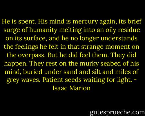 He is spent. His mind is mercury again, its brief surge of humanity melting into an oily residue on its surface, and he no longer understands the feelings he felt in that strange moment on the overpass.<br />But he did feel them. They did happen. They rest on the murky seabed of his mind, buried under sand and silt and miles of grey waves. Patient seeds waiting for light. - Isaac Marion