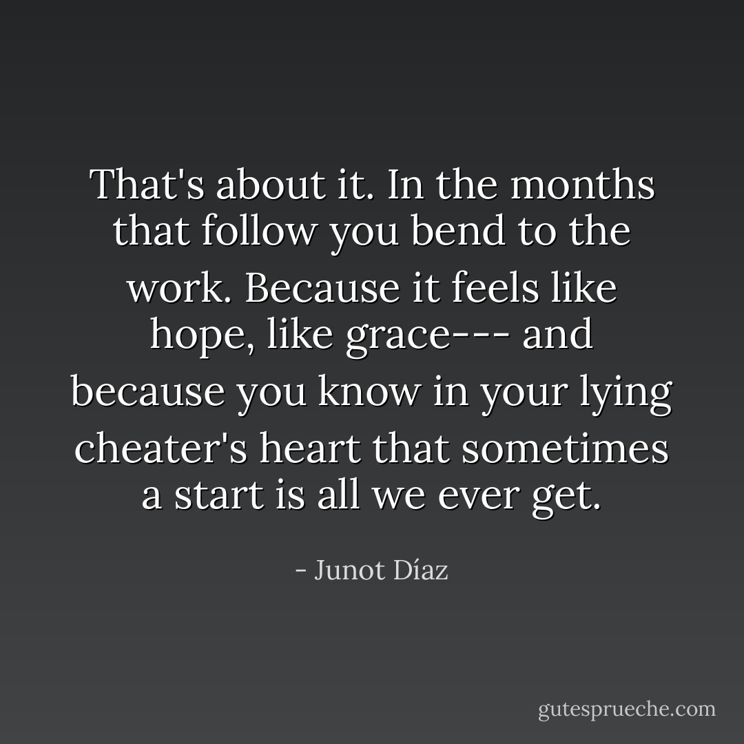 That's about it. In the months that follow you bend to the work. Because it feels like hope, like grace--- and because you know in your lying cheater's heart that sometimes a start is all we ever get. - Junot Díaz