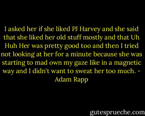 I asked her if she liked PJ Harvey and she said that she liked her old stuff mostly and that Uh Huh Her was pretty good too and then I tried not looking at her for a minute because she was starting to mad own my gaze like in a magnetic way and I didn't want to sweat her too much. - Adam Rapp