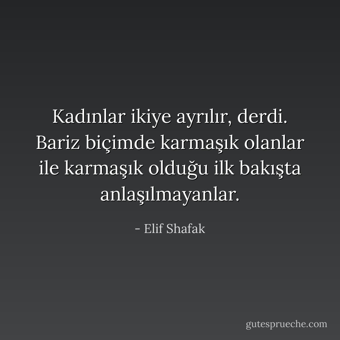 Kadınlar ikiye ayrılır, derdi. Bariz biçimde karmaşık olanlar ile karmaşık olduğu ilk bakışta anlaşılmayanlar. - Elif Shafak