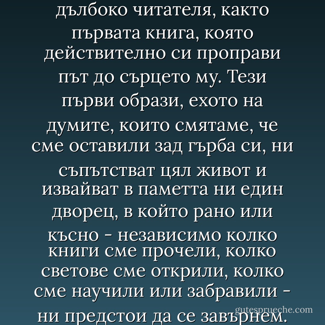 Малко неща белязват така дълбоко читателя, както първата книга, която действително си проправи път до сърцето му. Тези първи образи, ехото на думите, които смятаме, че сме оставили зад гърба си, ни съпътстват цял живот и извайват в паметта ни един дворец, в който рано или късно - независимо колко книги сме прочели, колко светове сме открили, колко сме научили или забравили - ни предстои да се завърнем. - Carlos Ruiz Zafón