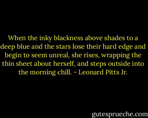When the inky blackness above shades to a deep blue and the stars lose their hard edge and begin to seem unreal, she rises, wrapping the thin sheet about herself, and steps outside into the morning chill. - Leonard Pitts Jr.