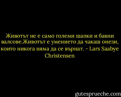 Животът не е само големи шапки и бавни валсове.Животът е умението да чакаш онези, които никога няма да се върнат. - Lars Saabye Christensen