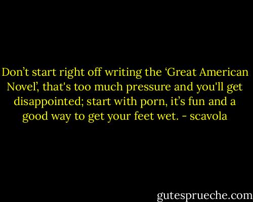 Don’t start right off writing the ‘Great American Novel’, that's too much pressure and you'll get disappointed; start with porn, it’s fun and a good way to get your feet wet. - scavola