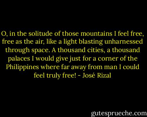 O, in the solitude of those mountains I feel free, free as the air, like a light blasting unharnessed through space. A thousand cities, a thousand palaces I would give just for a corner of the Philippines where far away from man I could feel truly free! - José Rizal