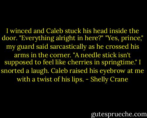 I winced and Caleb stuck his head inside the door. "Everything alright in here?"<br />"Yes, prince," my guard said sarcastically as he crossed his arms in the corner. "A needle stick isn't supposed to feel like cherries in springtime."<br />I snorted a laugh. Caleb raised his eyebrow at me with a twist of his lips. - Shelly Crane