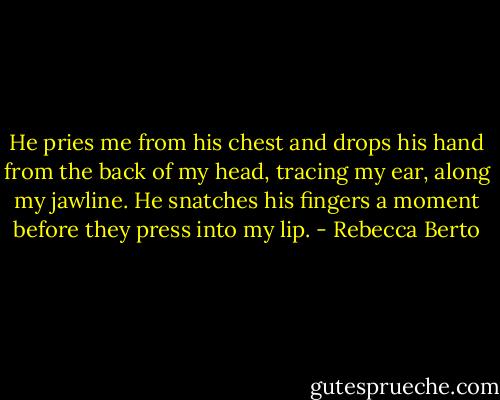 He pries me from his chest and drops his hand from the back of my head, tracing my ear, along my jawline. He snatches his fingers a moment before they press into my lip. - Rebecca Berto