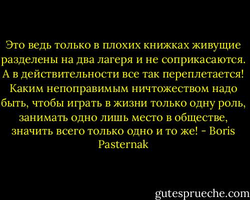 Это ведь только в плохих книжках живущие разделены на два лагеря и не соприкасаются. А в действительности все так переплетается! Каким непоправимым ничтожеством надо быть, чтобы играть в жизни только одну роль, занимать одно лишь место в обществе, значить всего только одно и то же! - Boris Pasternak