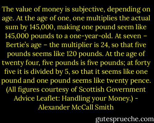 The value of money is subjective, depending on age. At the age of one, one multiplies the actual sum by 145,000, making one pound seem like 145,000 pounds to a one-year-old. At seven – Bertie’s age – the multiplier is 24, so that five pounds seems like 120 pounds. At the age of twenty four, five pounds is five pounds; at forty five it is divided by 5, so that it seems like one pound and one pound seems like twenty pence. (All figures courtesy of Scottish Government Advice Leaflet: Handling your Money.) - Alexander McCall Smith