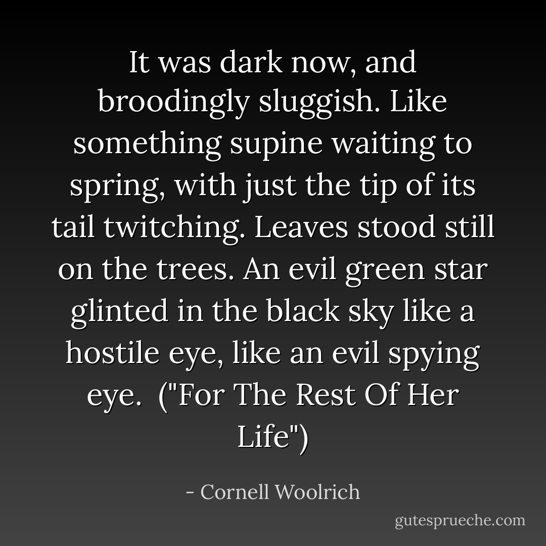 It was dark now, and broodingly sluggish. Like something supine waiting to spring, with just the tip of its tail twitching. Leaves stood still on the trees. An evil green star glinted in the black sky like a hostile eye, like an evil spying eye.<br /><br />("For The Rest Of Her Life") - Cornell Woolrich