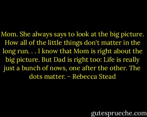 Mom. She always says to look at the big picture. How all of the little things don't matter in the long run. . . I know that Mom is right about the big picture. But Dad is right too: Life is really just a bunch of nows, one after the other. The dots matter. - Rebecca Stead