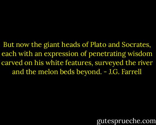 But now the giant heads of Plato and Socrates, each with an expression of penetrating wisdom carved on his white features, surveyed the river and the melon beds beyond. - J.G. Farrell
