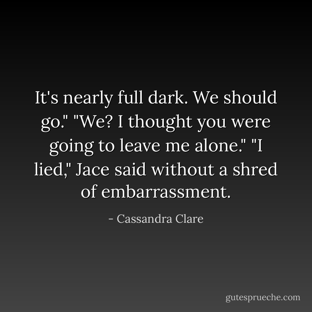 It's nearly full dark. We should go."<br />"We? I thought you were going to leave me alone."<br />"I lied," Jace said without a shred of embarrassment. - Cassandra Clare
