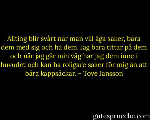Allting blir svårt när man vill äga saker, bära dem med sig och ha dem. Jag bara tittar på dem och när jag går min väg har jag dem inne i huvudet och kan ha roligare saker för mig än att bära kappsäckar. - Tove Jansson