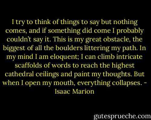 I try to think of things to say but nothing comes, and if something did come I probably couldn’t say it. This is my great obstacle, the biggest of all the boulders littering my path. In my mind I am eloquent; I can climb intricate scaffolds of words to reach the highest cathedral ceilings and paint my thoughts. But when I open my mouth, everything collapses. - Isaac Marion