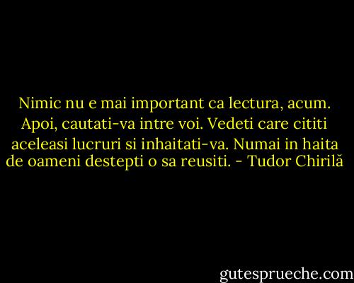 Nimic nu e mai important ca lectura, acum. Apoi, cautati-va intre voi. Vedeti care cititi aceleasi lucruri si inhaitati-va. Numai in haita de oameni destepti o sa reusiti. - Tudor Chirilă