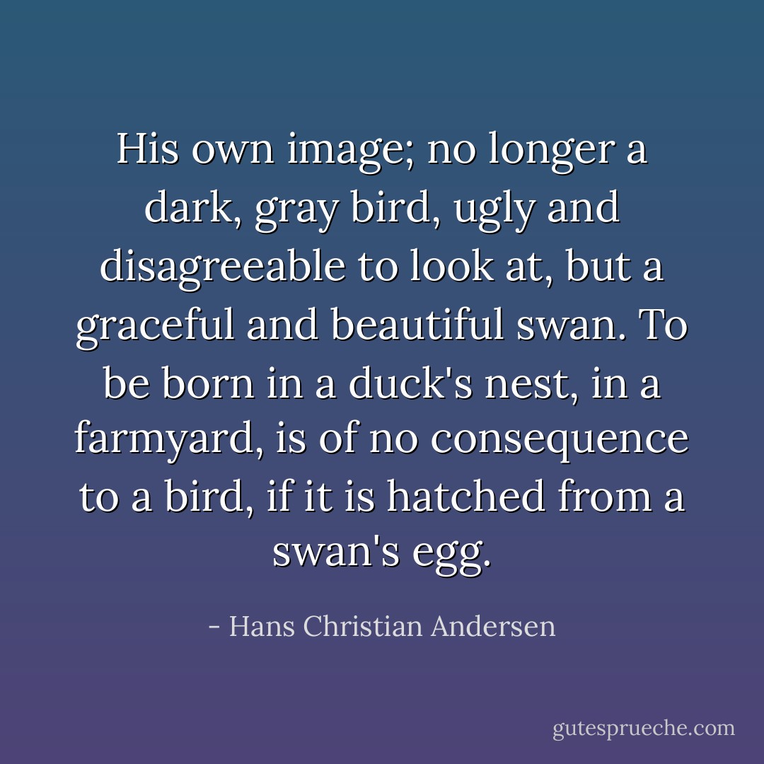His own image; no longer a dark, gray bird, ugly and disagreeable to look at, but a graceful and beautiful swan. To be born in a duck's nest, in a farmyard, is of no consequence to a bird, if it is hatched from a swan's egg. - Hans Christian Andersen