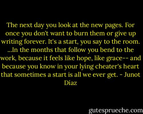 The next day you look at the new pages. For once you don't want to burn them or give up writing forever.<br />It's a start, you say to the room.<br />...In the months that follow you bend to the work, because it feels like hope, like grace-- and because you know in your lying cheater's heart that sometimes a start is all we ever get. - Junot Díaz