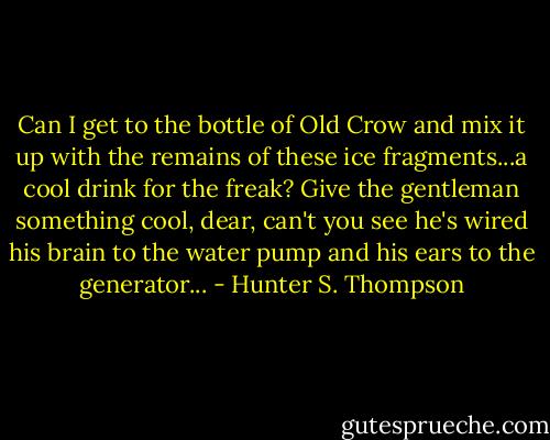 Can I get to the bottle of Old Crow and mix it up with the remains of these ice fragments...a cool drink for the freak? Give the gentleman something cool, dear, can't you see he's wired his brain to the water pump and his ears to the generator... - Hunter S. Thompson