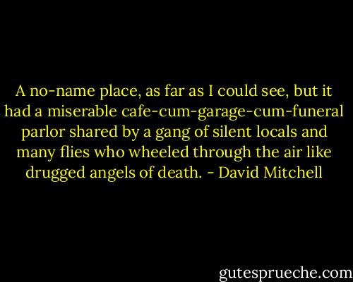 A no-name place, as far as I could see, but it had a miserable cafe-cum-garage-cum-funeral parlor shared by a gang of silent locals and many flies who wheeled through the air like drugged angels of death. - David Mitchell