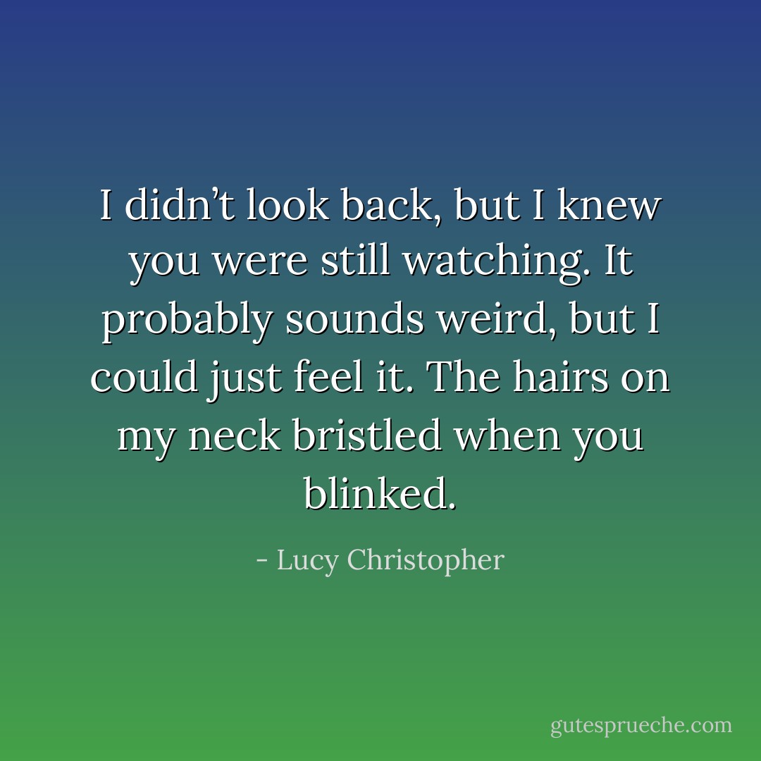 I didn’t look back, but I knew you were still watching. It probably sounds weird, but I could just feel it. The hairs on my neck bristled when you blinked. - Lucy Christopher