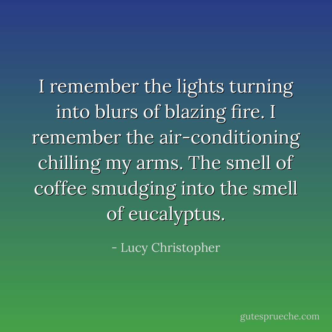 I remember the lights turning into blurs of blazing fire. I remember the air-conditioning chilling my arms. The smell of coffee smudging into the smell of eucalyptus. - Lucy Christopher