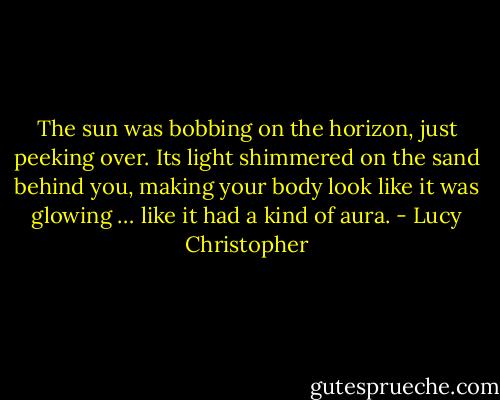 The sun was bobbing on the horizon, just peeking over. Its light shimmered on the sand behind you, making your body look like it was glowing … like it had a kind of aura. - Lucy Christopher