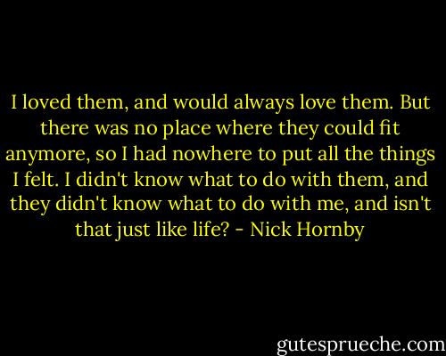 I loved them, and would always love them. But there was no place where they could fit anymore, so I had nowhere to put all the things I felt. I didn't know what to do with them, and they didn't know what to do with me, and isn't that just like life? - Nick Hornby