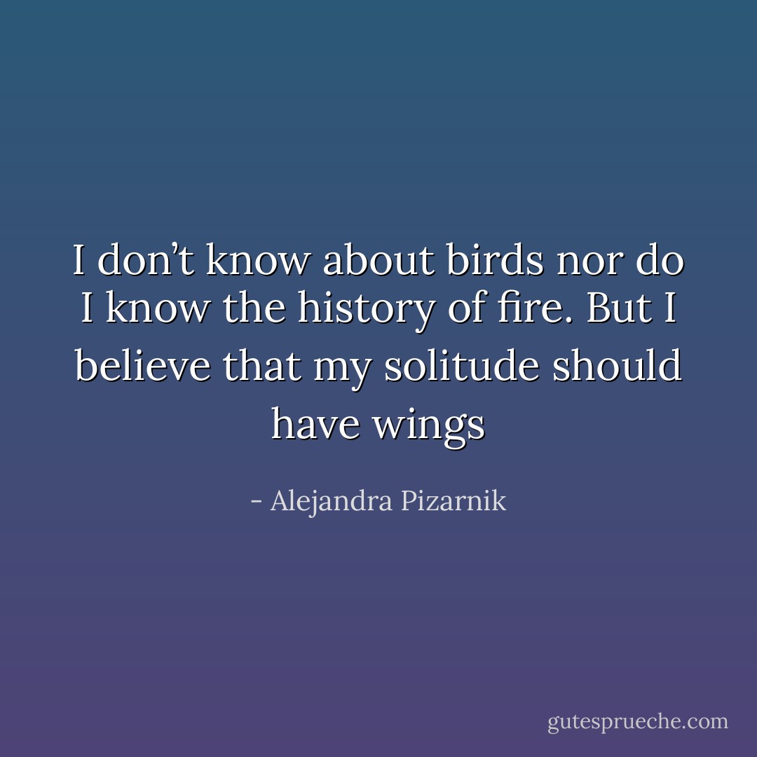 I don’t know about birds<br />nor do I know the history of fire.<br />But I believe that my solitude should have wings - Alejandra Pizarnik