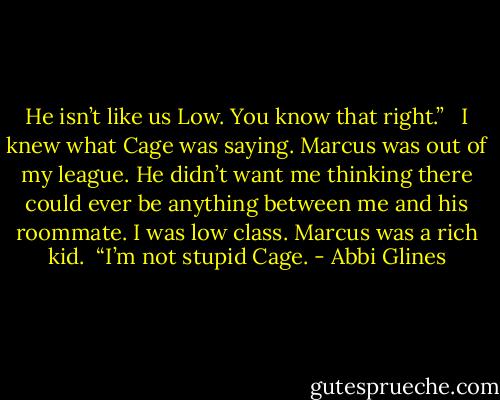 He isn’t like us Low. You know that right.” <br /><br />I knew what Cage was saying. Marcus was out of my league. He didn’t want me thinking there could ever be anything between me and his roommate. I was low class. Marcus was a rich kid.<br /><br />“I’m not stupid Cage. - Abbi Glines