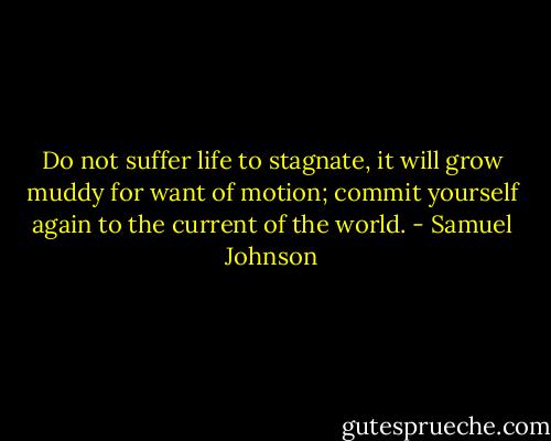Do not suffer life to stagnate, it will grow muddy for want of motion; commit yourself again to the current of the world. - Samuel Johnson