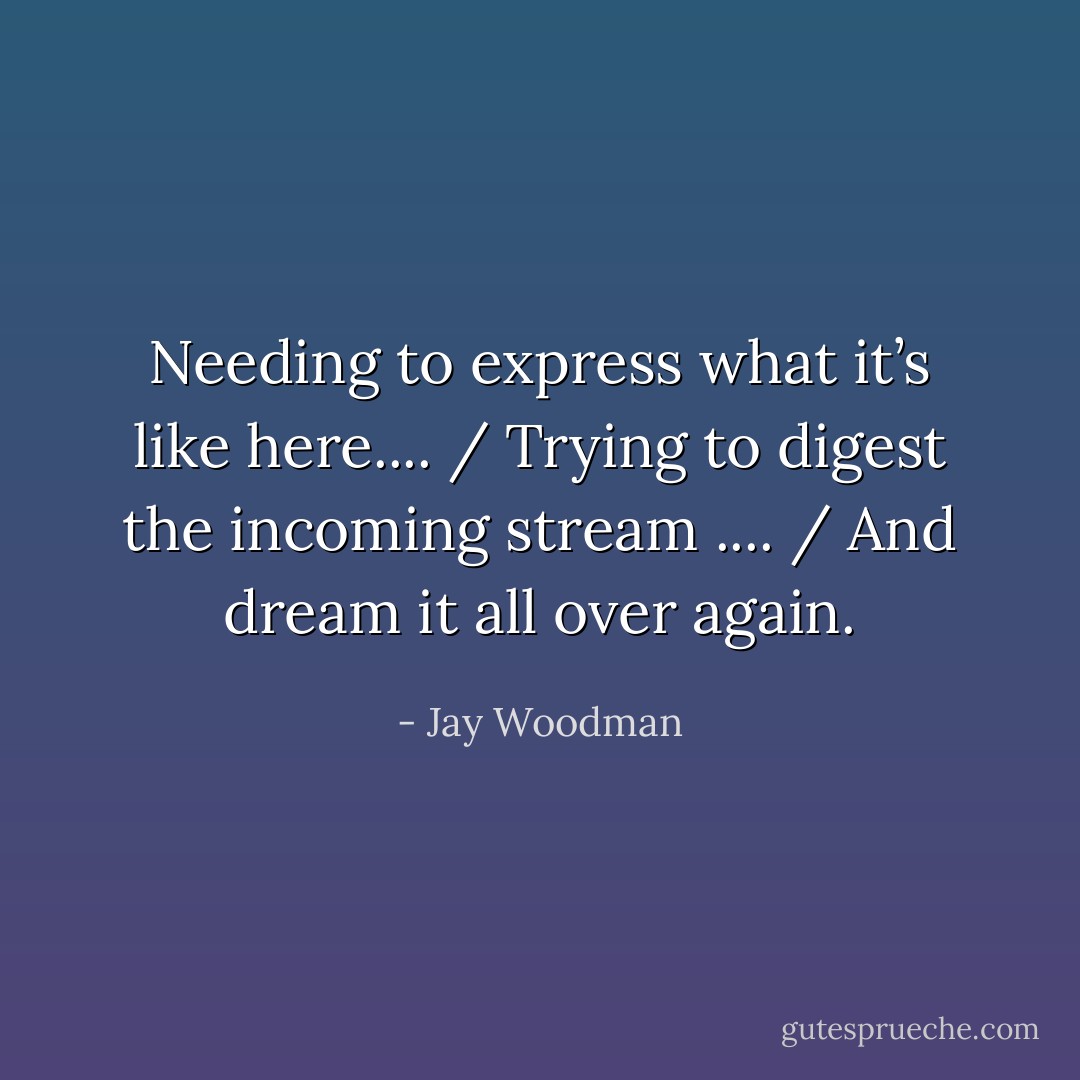 Needing to express what it’s like here.... / Trying to digest the incoming stream .... / And dream it all over again. - Jay Woodman