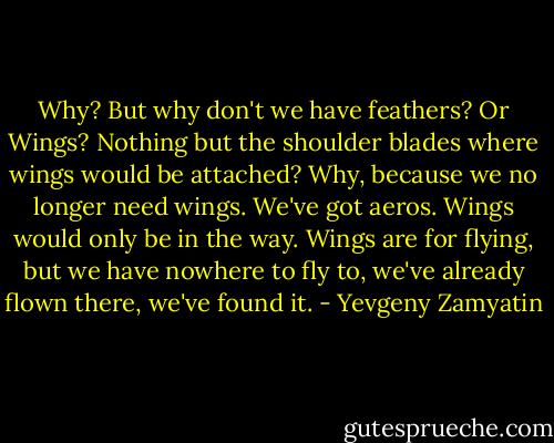 Why? But why don't we have feathers? Or Wings? Nothing but the shoulder blades where wings would be attached? Why, because we no longer need wings. We've got aeros. Wings would only be in the way. Wings are for flying, but we have nowhere to fly to, we've already flown there, we've found it. - Yevgeny Zamyatin