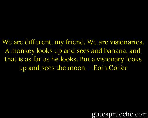 We are different, my friend. We are visionaries. A monkey looks up and sees and banana, and that is as far as he looks. But a visionary looks up and sees the moon. - Eoin Colfer