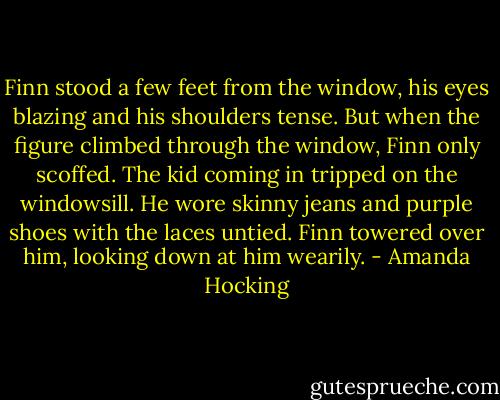 Finn stood a few feet from the window, his eyes blazing and his shoulders tense. But when the figure climbed through the window, Finn only scoffed.<br />The kid coming in tripped on the windowsill. He wore skinny jeans and purple shoes with the laces untied. Finn towered over him, looking down at him wearily. - Amanda Hocking