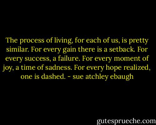 The process of living, for each of us, is pretty similar. For every gain there is a setback. For every success, a failure. For every moment of joy, a time of sadness. For every hope realized, one is dashed. - sue atchley ebaugh