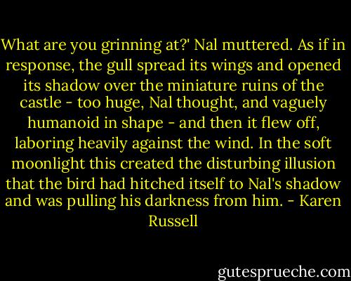 What are you grinning at?' Nal muttered. As if in response, the gull spread its wings and opened its shadow over the miniature ruins of the castle - too huge, Nal thought, and vaguely humanoid in shape - and then it flew off, laboring heavily against the wind. In the soft moonlight this created the disturbing illusion that the bird had hitched itself to Nal's shadow and was pulling his darkness from him. - Karen Russell