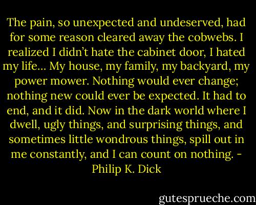 The pain, so unexpected and undeserved, had for some reason cleared away the cobwebs. I realized I didn’t hate the cabinet door, I hated my life… My house, my family, my backyard, my power mower. Nothing would ever change; nothing new could ever be expected. It had to end, and it did. Now in the dark world where I dwell, ugly things, and surprising things, and sometimes little wondrous things, spill out in me constantly, and I can count on nothing. - Philip K. Dick