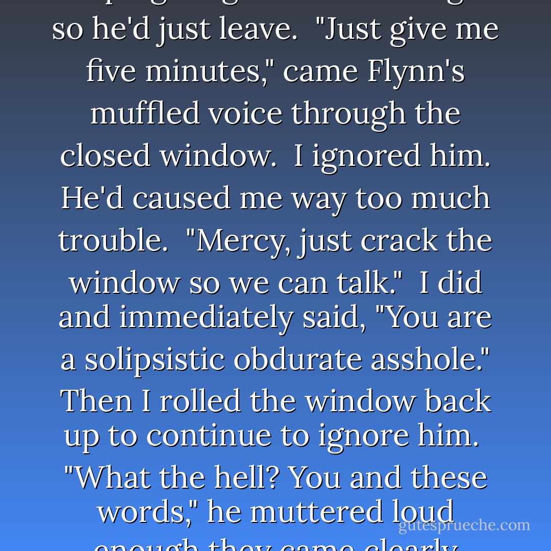 I couldn't believe his arrogance. I turned away hoping to ignore him enough so he'd just leave.<br /><br />"Just give me five minutes," came Flynn's muffled voice through the closed window.<br /><br />I ignored him. He'd caused me way too much trouble.<br /><br />"Mercy, just crack the window so we can talk."<br /><br />I did and immediately said, "You are a solipsistic obdurate asshole." Then I rolled the window back up to continue to ignore him.<br /><br />"What the hell? You and these words," he muttered loud enough they came clearly through the closed window. - Shannon Dermott