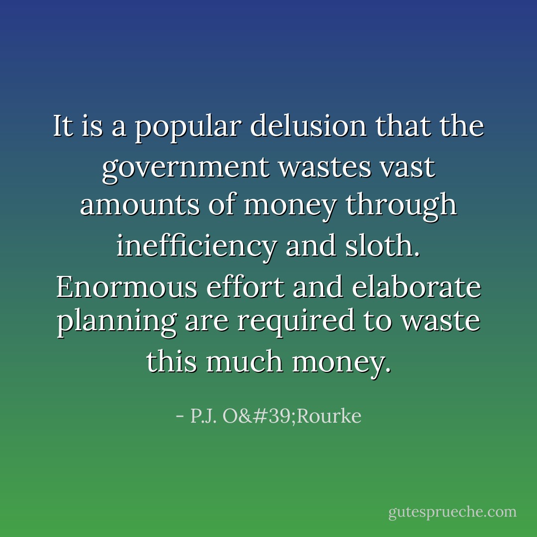 It is a popular delusion that the government wastes vast amounts of money through inefficiency and sloth. Enormous effort and elaborate planning are required to waste this much money. - P.J. O'Rourke