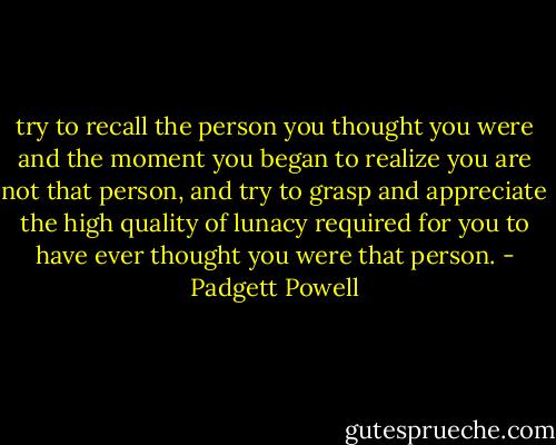 try to recall the person you thought you were and the moment you began to realize you are not that person, and try to grasp and appreciate the high quality of lunacy required for you to have ever thought you were that person. - Padgett Powell