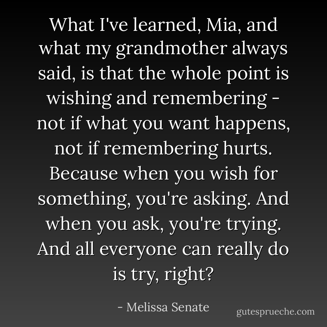 What I've learned, Mia, and what my grandmother always said, is that the whole point is wishing and remembering - not if what you want happens, not if remembering hurts. Because when you wish for something, you're asking. And when you ask, you're trying. And all everyone can really do is try, right? - Melissa Senate