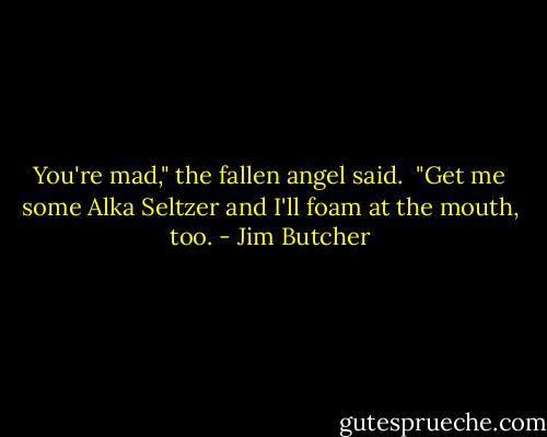 You're mad," the fallen angel said.<br /><br />"Get me some Alka Seltzer and I'll foam at the mouth, too. - Jim Butcher