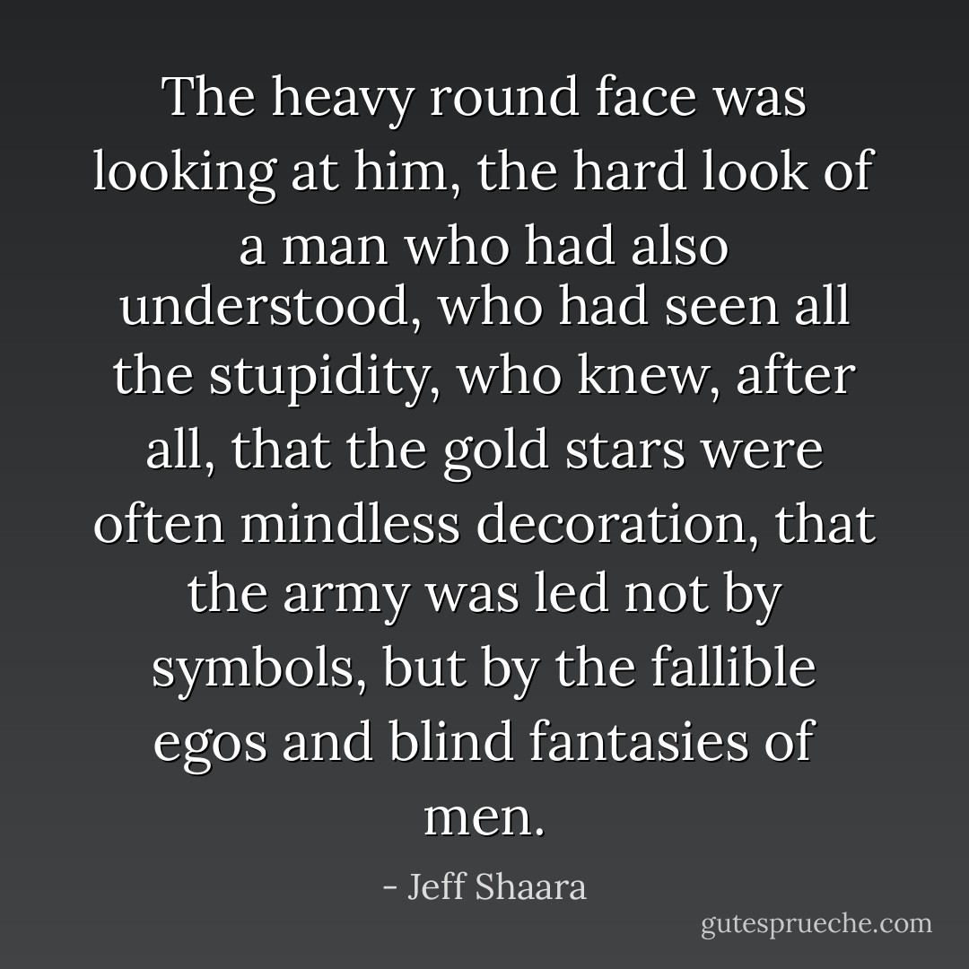 The heavy round face was looking at him, the hard look of a man who had also understood, who had seen all the stupidity, who knew, after all, that the gold stars were often mindless decoration, that the army was led not by symbols, but by the fallible egos and blind fantasies of men. - Jeff Shaara