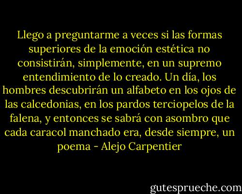 Llego a preguntarme a veces si las formas superiores de la emoción estética no consistirán, simplemente, en un supremo entendimiento de lo creado. Un día, los hombres descubrirán un alfabeto en los ojos de las calcedonias, en los pardos terciopelos de la falena, y entonces se sabrá con asombro que cada caracol manchado era, desde siempre, un poema - Alejo Carpentier