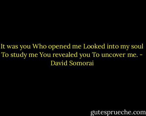 It was you<br />Who opened me<br />Looked into my soul<br />To study me<br />You revealed you<br />To uncover me. - David Somorai