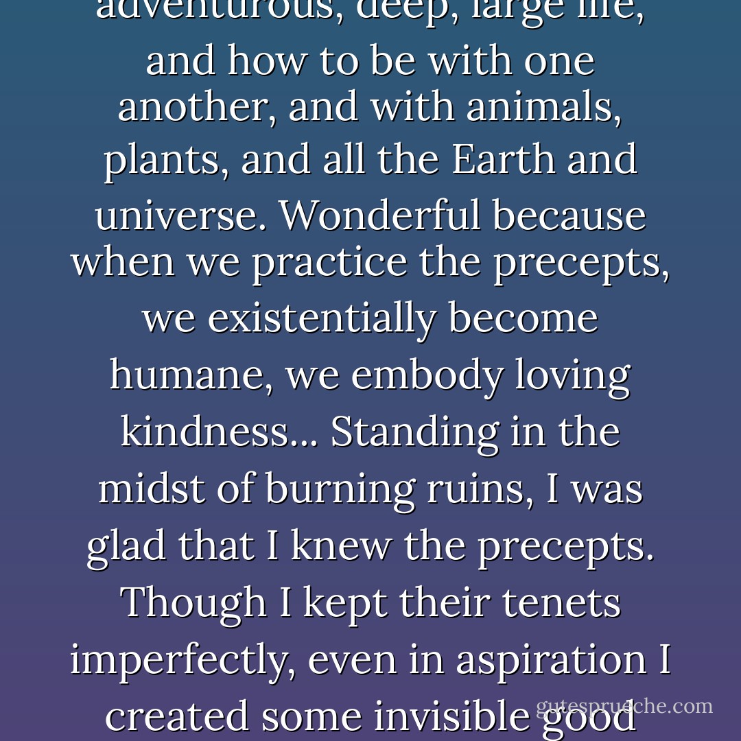 To write out the precepts again, we contend with them, and keep them; we build our humanity, and keep our humanity alive... Thay has named the precepts 'wonderful'... Wonderful because they can protect us, and show us how to live a joyous life, an interesting, adventurous, deep, large life, and how to be with one another, and with animals, plants, and all the Earth and universe. Wonderful because when we practice the precepts, we existentially become humane, we embody loving kindness... Standing in the midst of burning ruins, I was glad that I knew the precepts. Though I kept their tenets imperfectly, even in aspiration I created some invisible good that could not be destroyed... The Five Wonderful Precepts give clear and simple directions to finding that life. In devastation, I have blueprints for making home anew (90-92).<br /><br />--For a Future to Be Possible: Commentaries on the Five Wonderful Precepts - Maxine Hong Kingston