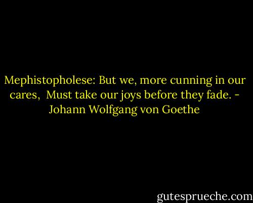 Mephistopholese: But we, more cunning in our cares, <br />Must take our joys before they fade. - Johann Wolfgang von Goethe