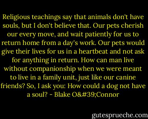 Religious teachings say that animals don't have souls, but I don't believe that. Our pets cherish our every move, and wait patiently for us to return home from a day's work. Our pets would give their lives for us in a heartbeat and not ask for anything in return. How can man live without companionship when we were meant to live in a family unit, just like our canine friends? So, I ask you: How could a dog not have a soul? - Blake O'Connor